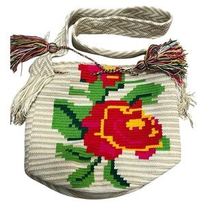 Woven Bucket Bag Chevron Strap Webbing Floral Design Boho Hippie Festival